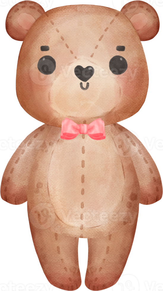 cute Valentine brown teddy bear with red bow watercolour hand drawing png