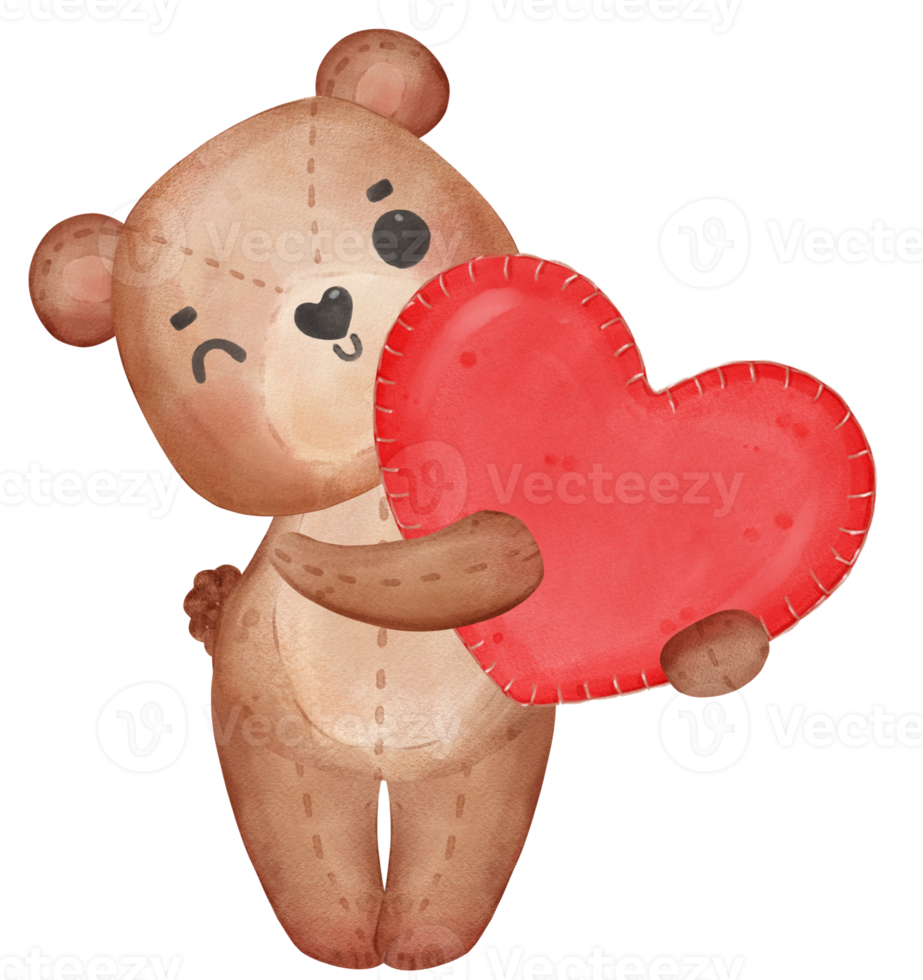 boneca de ursinho de pelúcia marrom fofa dos namorados abraça coração vermelho desenho de mão em aquarela png
