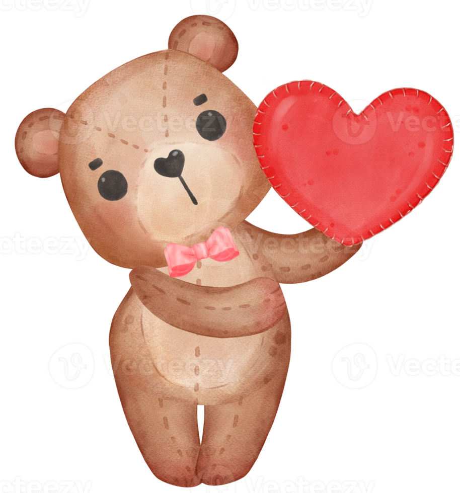 cute Valentine brown teddy bear doll hugs red heart watercolour hand drawing png