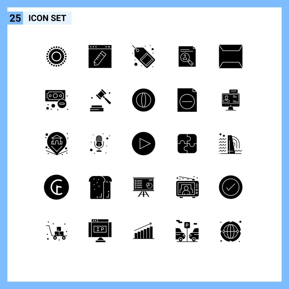 Group of 25 Solid Glyphs Signs and Symbols for resume curriculum commerce clipboard sale tag Editable Vector Design Elements