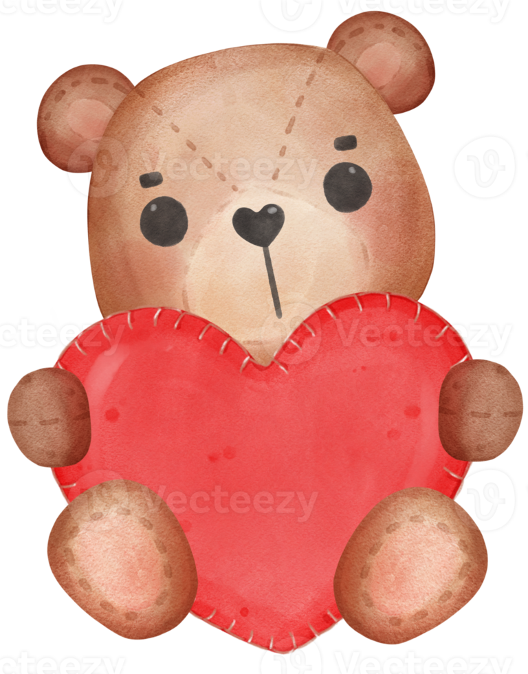 cute Valentine brown teddy bear doll hugs red heart watercolour hand drawing png