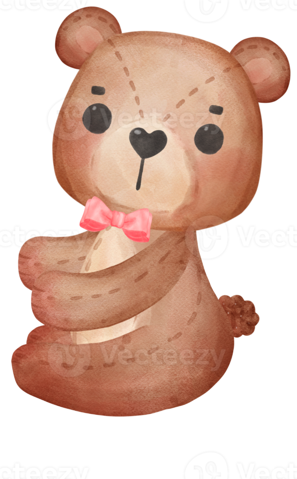 cute Valentine brown teddy bear with red bow watercolour hand drawing png