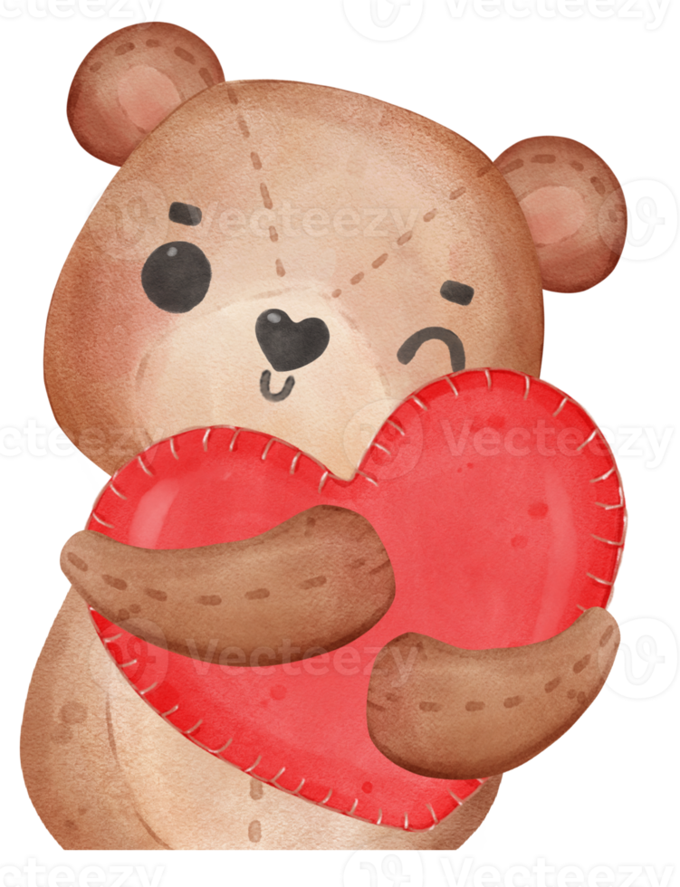 cute Valentine brown teddy bear doll hugs red heart watercolour hand drawing png