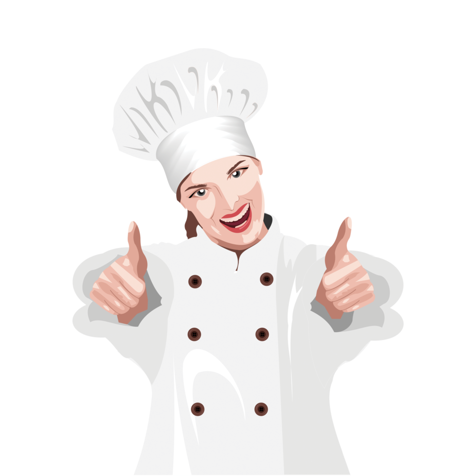 femme chef portant un manteau blanc et une hotte de cuisine sur la tête en souriant png