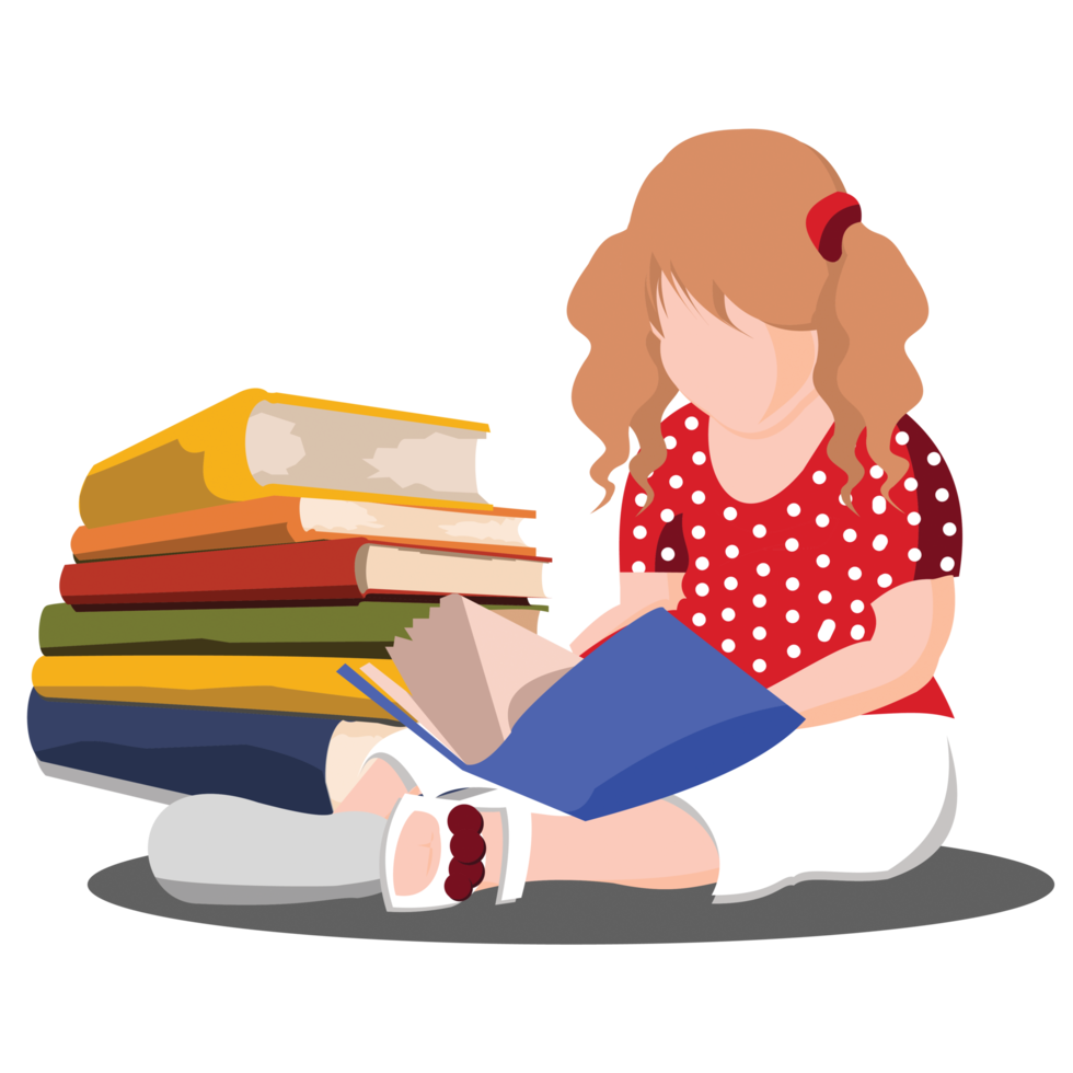 A cute little girl sitting on the floor read a book , next to her a bunch of colored books png