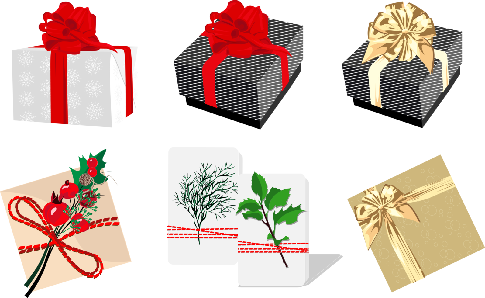 set of gift boxes decorated with a bow and red ribbons or some green leaves png