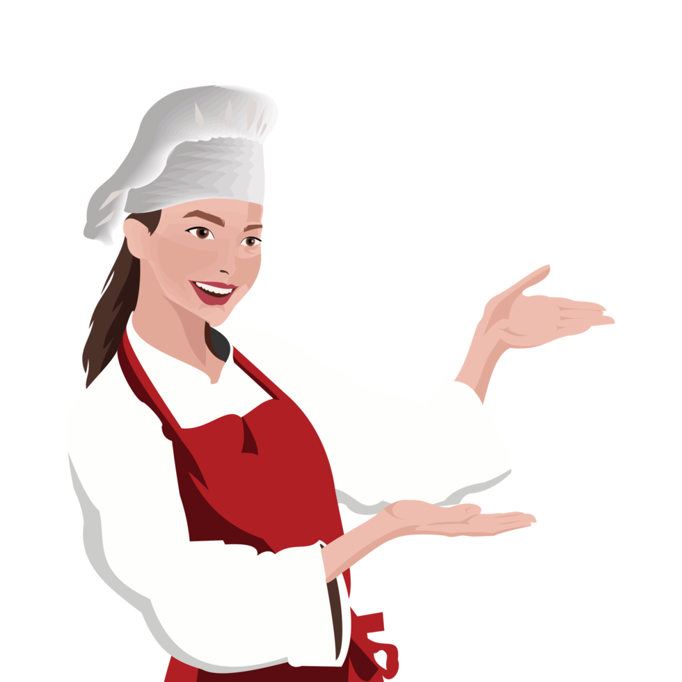 femme chef portant un manteau blanc, un tablier rouge et une hotte de cuisine sur la tête en souriant png