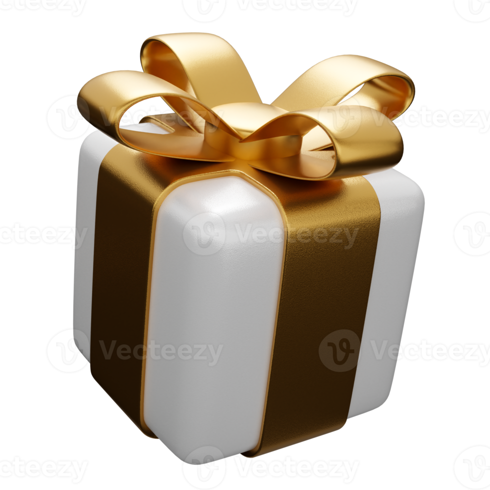 3d render isolated gift box. Realistic white paper gift box set with golden ribbon bow. Concept of abstract holiday, birthday or wedding present or surprise. 3d high quality isolated render png