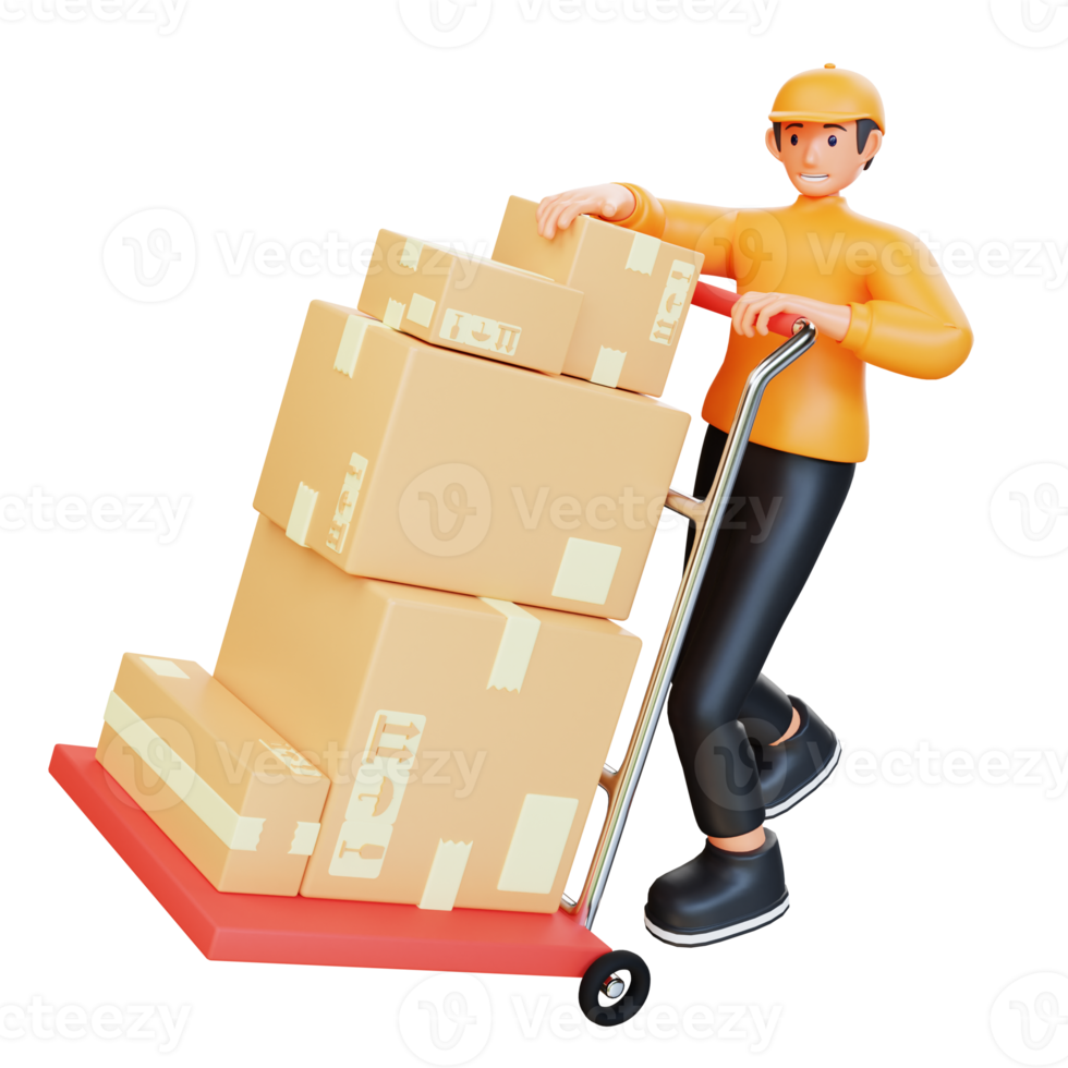 3d render orange courier carries the package with cart png