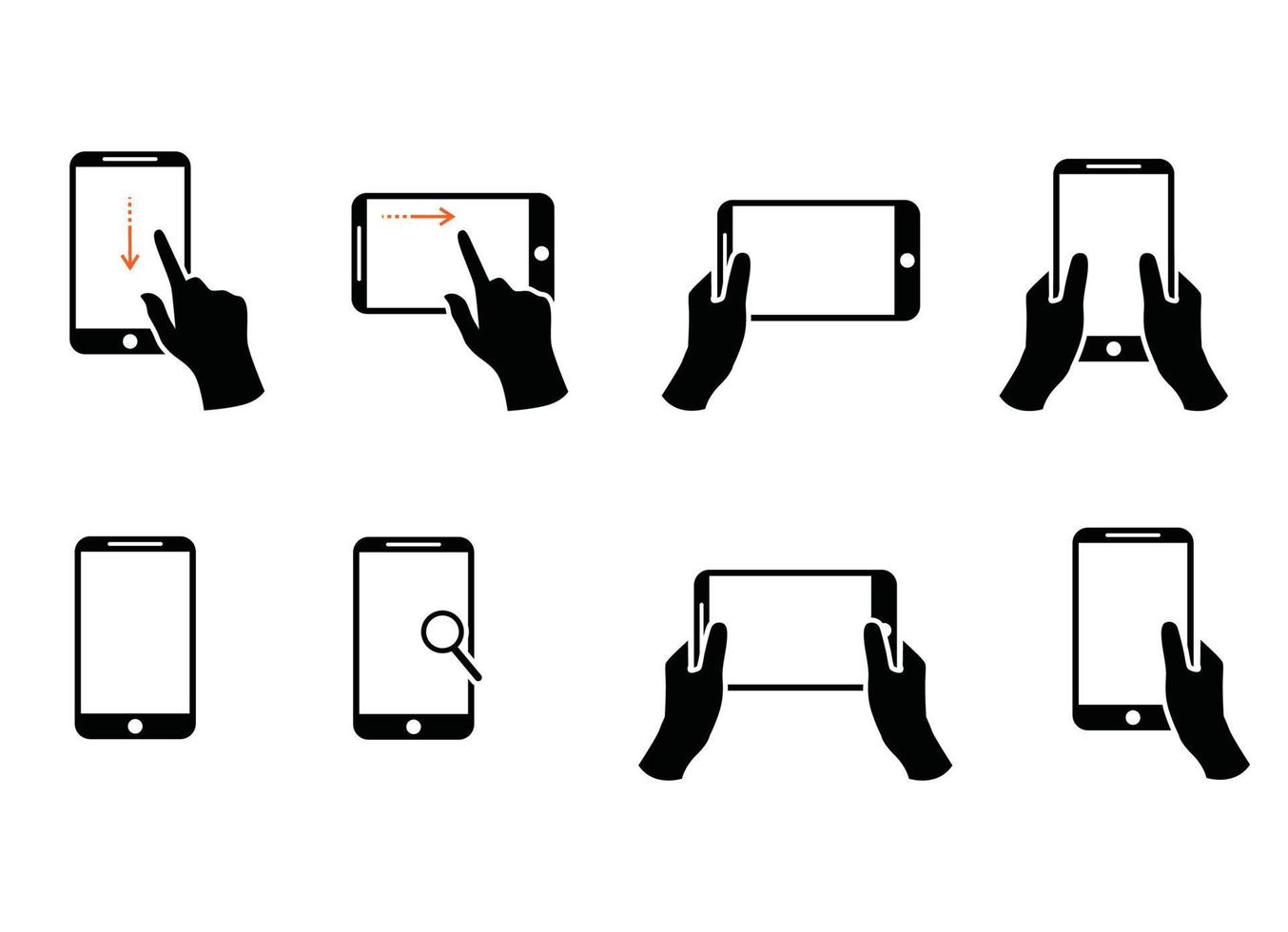 Collection of hands holding modern smartphone drawn with black contour lines. Bundle of outline drawings of palms and phones isolated on white background. Vector illustration in monochrome colors.