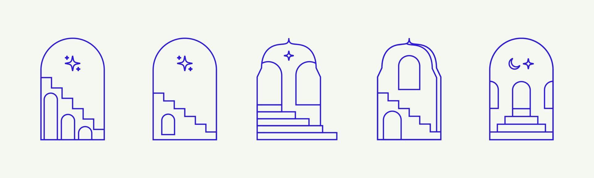 Boho arch with staircase. Minimal surreal doors with stairs. Bohemian arch with stair. Boho line arch, staircase, mystic frames. vector