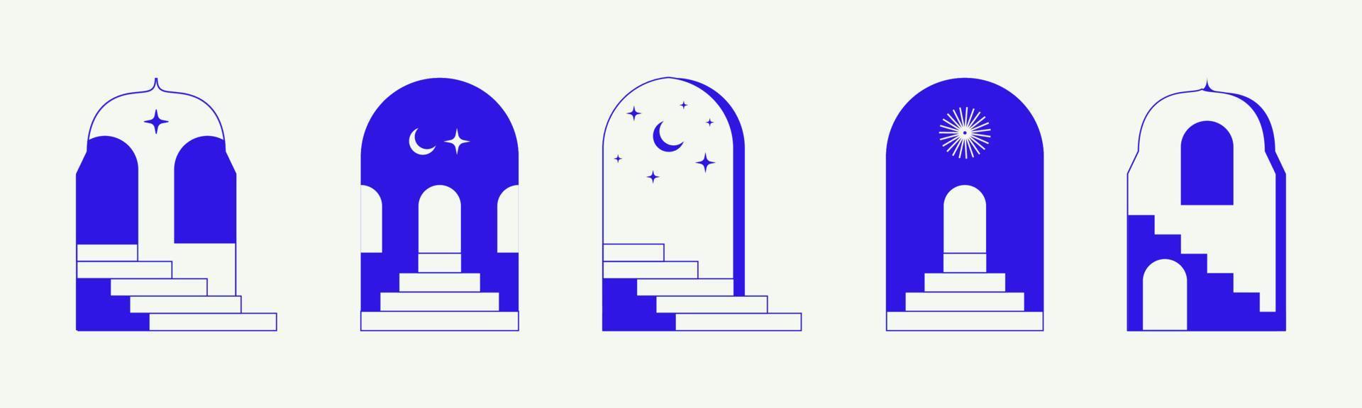 Boho arch with staircase. Minimal surreal doors with stairs. Bohemian arch with stair. Boho line arch, staircase, mystic frames. vector