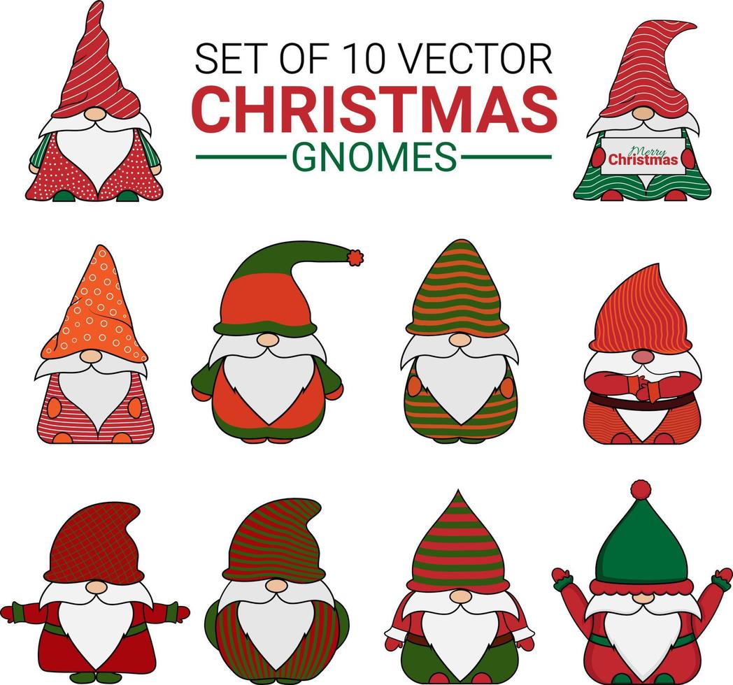 conjunto de 10 gnomos navideños, colección de 10 gnomos navideños vectoriales en diferentes poses. alegres gnomos de dibujos animados para que tu decoración navideña sea alegre. la navidad se hizo divertida con estas ilustraciones vector