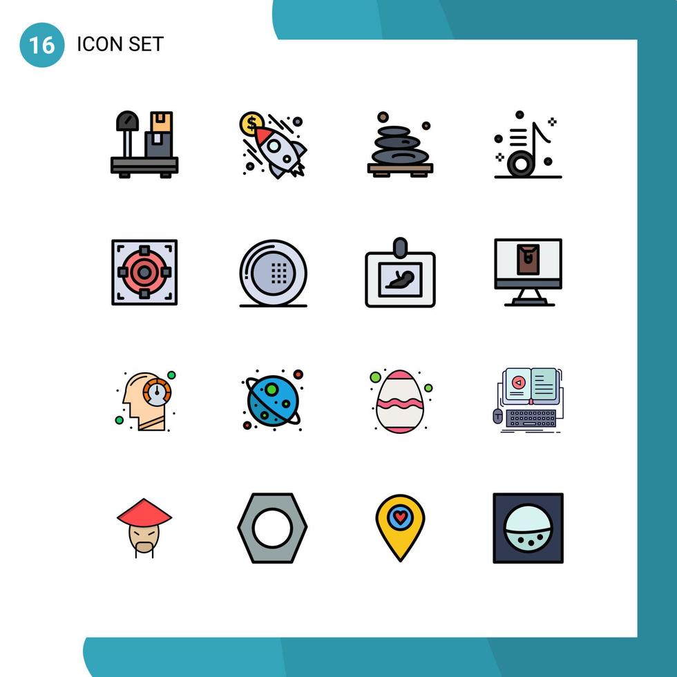 Pack of 16 creative Flat Color Filled Lines of target note massage musical audio Editable Creative Vector Design Elements