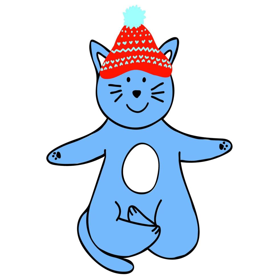 Cute blue cat in red hat meditating in lotus pose with new year garland,hand drawn clip art for christmas card,cover design, poster,chinese zodiac symbol of 2023 vector
