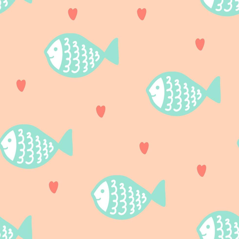 Seamless pattern with cute fish and hearts,print for wallpaper,cover,kids textile,nursery decoration,interior design,baby fashion,violet background,underwater illustration vector