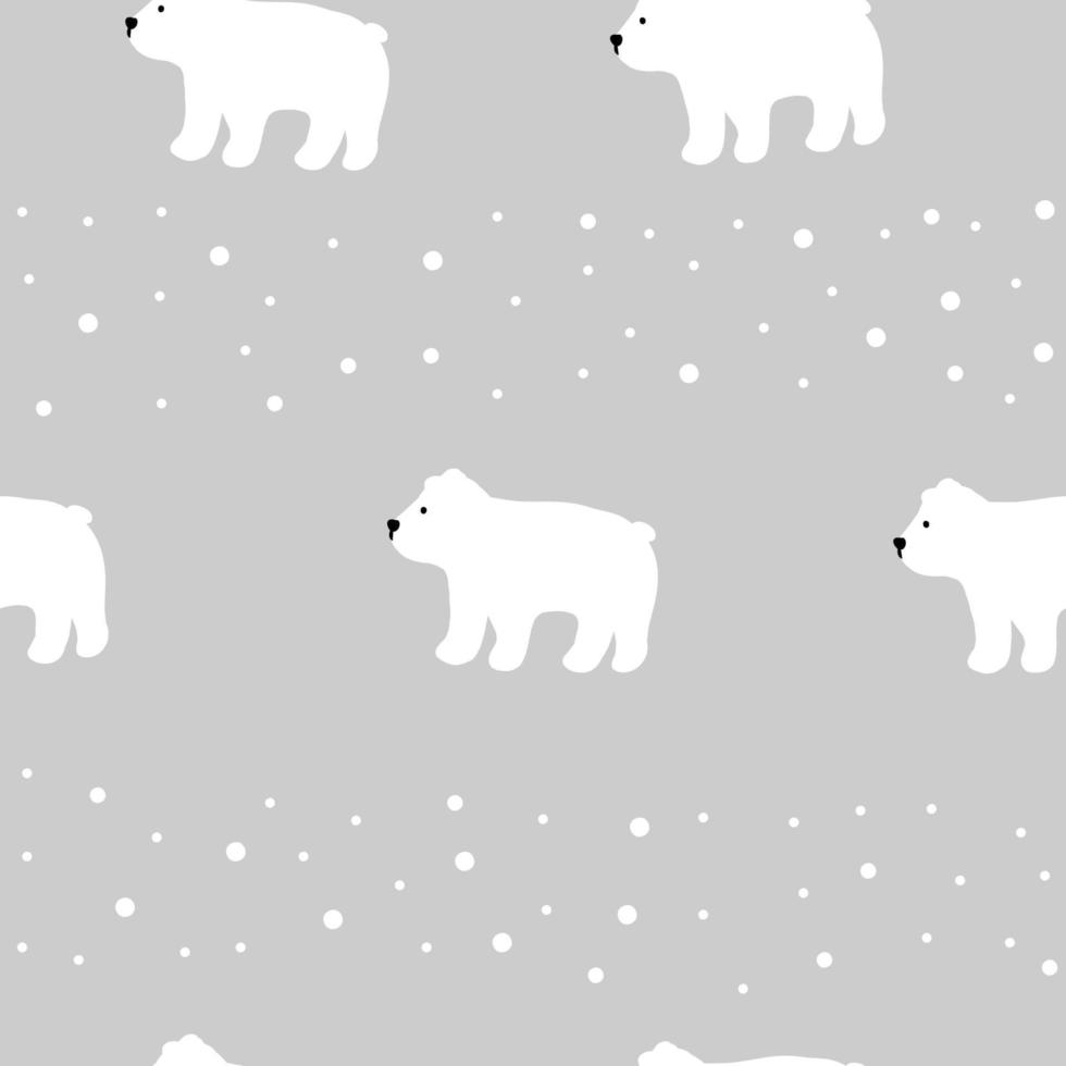 feliz año nuevo y celebración navideña sin costuras con oso polar blanco y nieve sobre fondo gris, impresión unisex tierna para papel tapiz, diseño de portada, embalaje, decoración navideña, ilustración de bebé. vector
