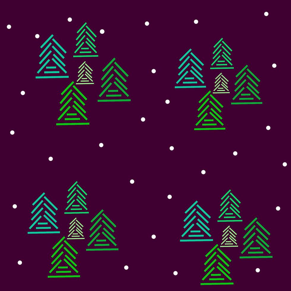 patrón dibujado a mano sin costuras para navidad o año nuevo con pino y nieve sobre fondo morado, plantilla para textiles, papel pintado, embalaje y papel de regalo, diseño de portada, decoración navideña vector