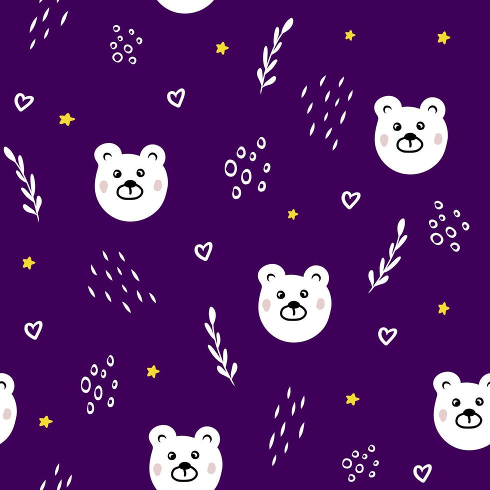 lindo patrón sin costuras con oso blanco y elementos abstractos simples sobre fondo oscuro, niños impresos con peluche para tela, textil, ropa de cama, ilustración para papel pintado, ducha de bebé, diseño de guardería vector