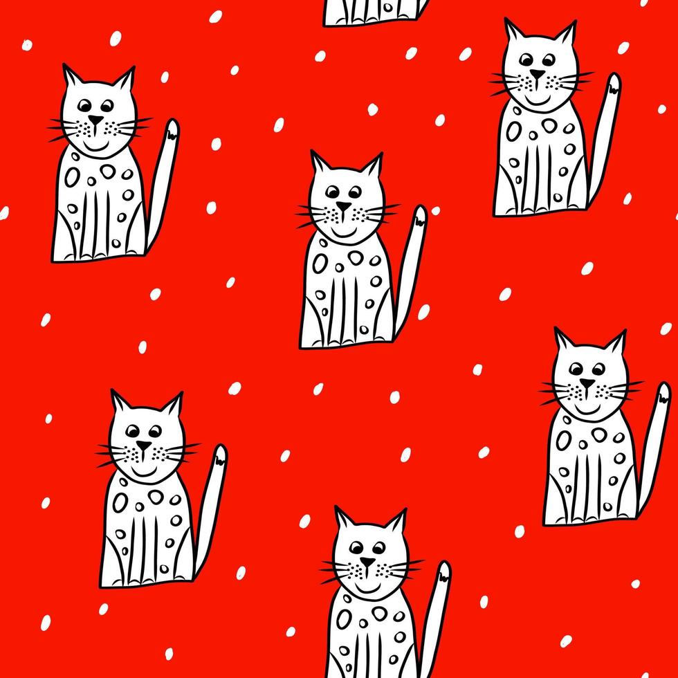 lindo patrón sin costuras con gato blanco y copos de nieve, ilustración de garabatos dibujada a mano para la decoración de año nuevo y navidad, impresión como papel de regalo, diseño de empaque y cubierta, fondo de vacaciones de invierno vector