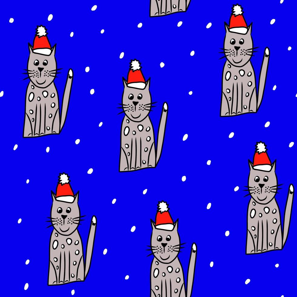 Cute seamless pattern with cat in red santa hat,hand drawn doodle illustration for new year and christmass decoration,print as wrapping paper,packaging and cover design,winter holidays background vector