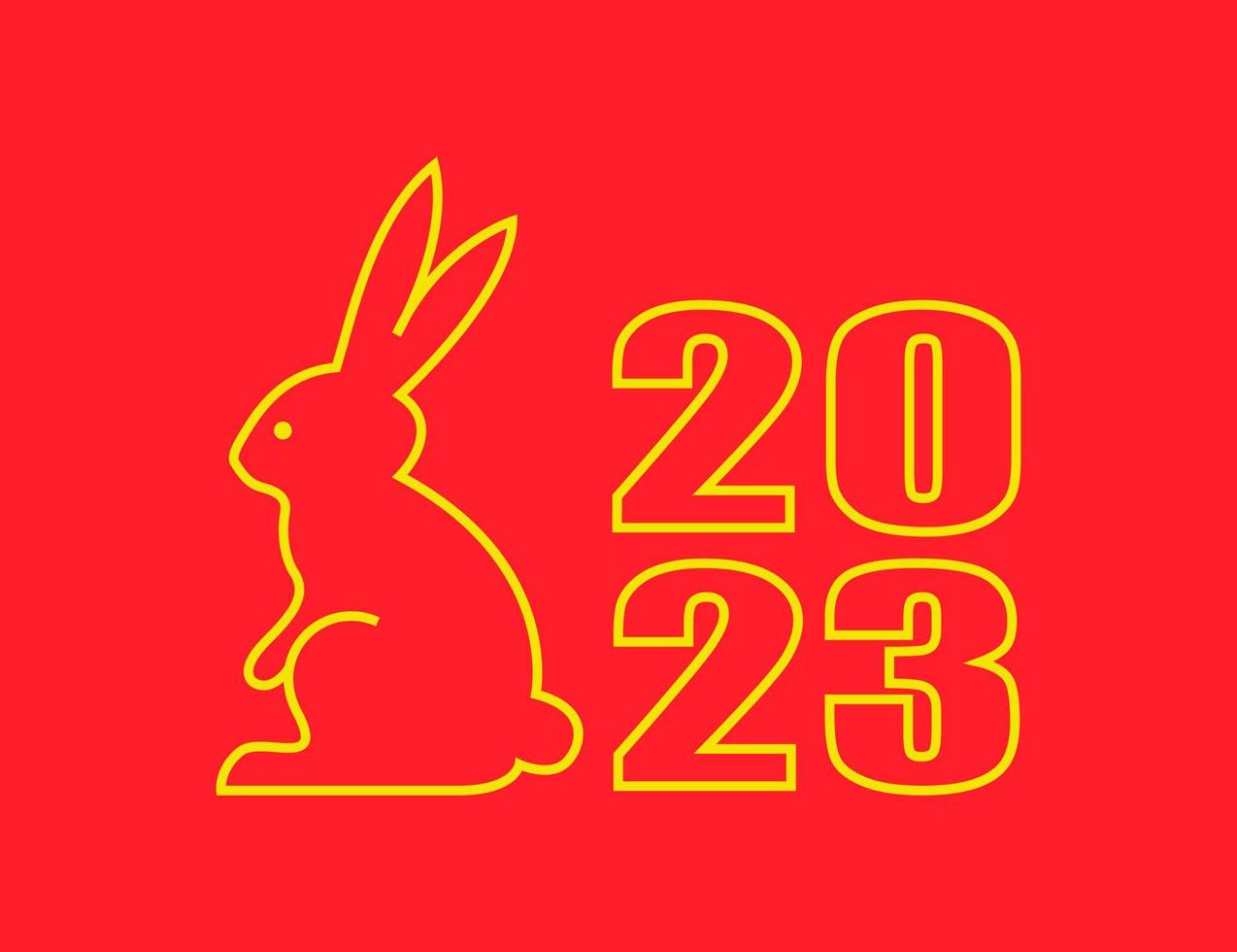 The symbol of the year 2023 is a rabbit. Isolated vector illustration. Yellow line on red background.