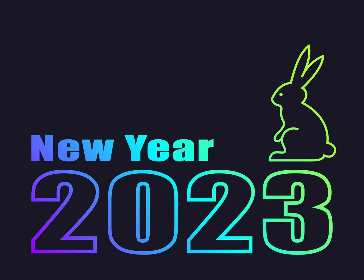 Horizontal minimalistic modern poster. Symbol of 2023 rabbit. Bunny, hare. Bright neon colors on a dark background. Bright colorful gradient line. Vector illustration.