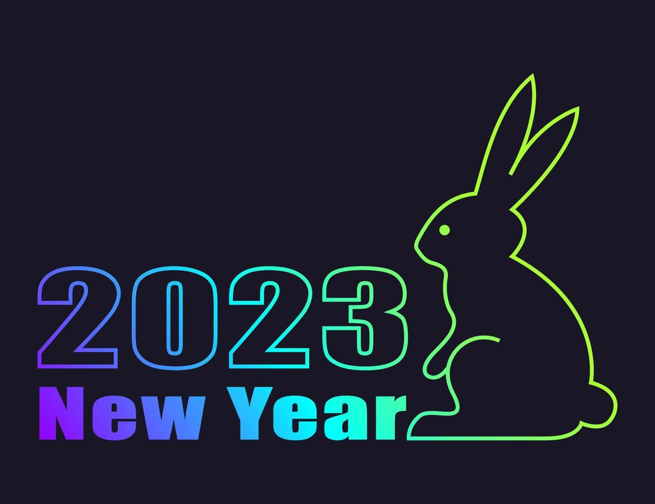 Horizontal minimalistic modern poster. Symbol of 2023 rabbit. Bunny, hare. Bright neon colors on a dark background. Bright colorful gradient line. Vector illustration.