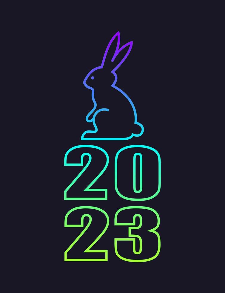 Vertical minimalistic modern poster. Symbol of 2023 rabbit. Bunny, hare. Bright neon colors on a dark background. Bright colorful gradient line. Vector illustration.