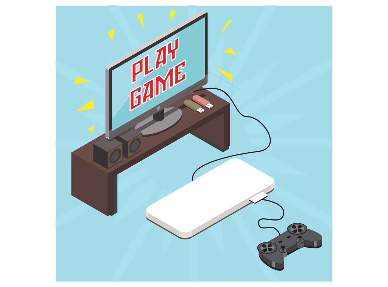 Flat isometric 3d  playing playstation console, room interior vector illustration. Illustration Suitable for Diagrams, Infographics, And Other Graphic assets