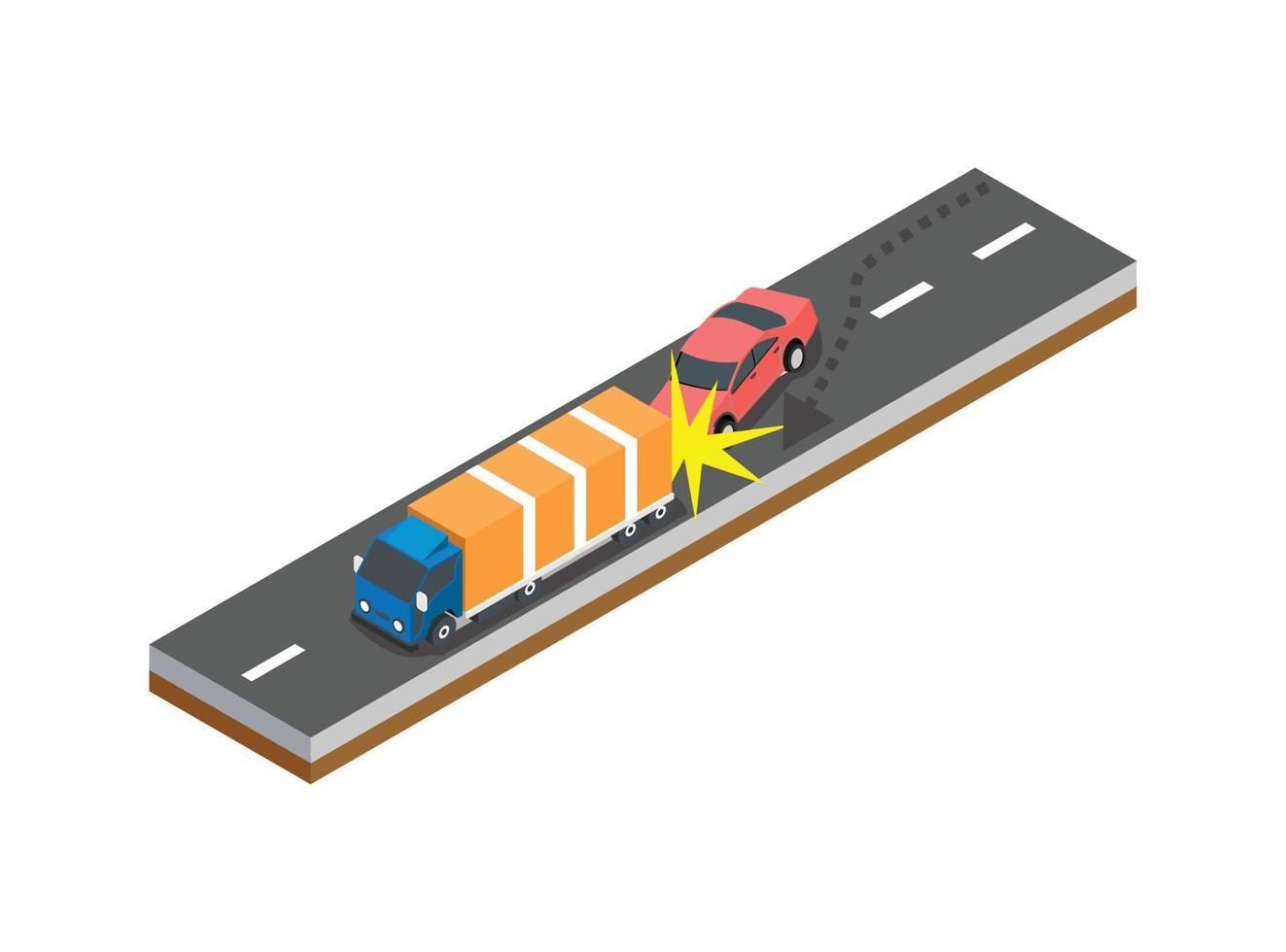 Traffic accident isometric composition with crash between car and motorcycle injured motorcyclist on road bystanders vector illustration