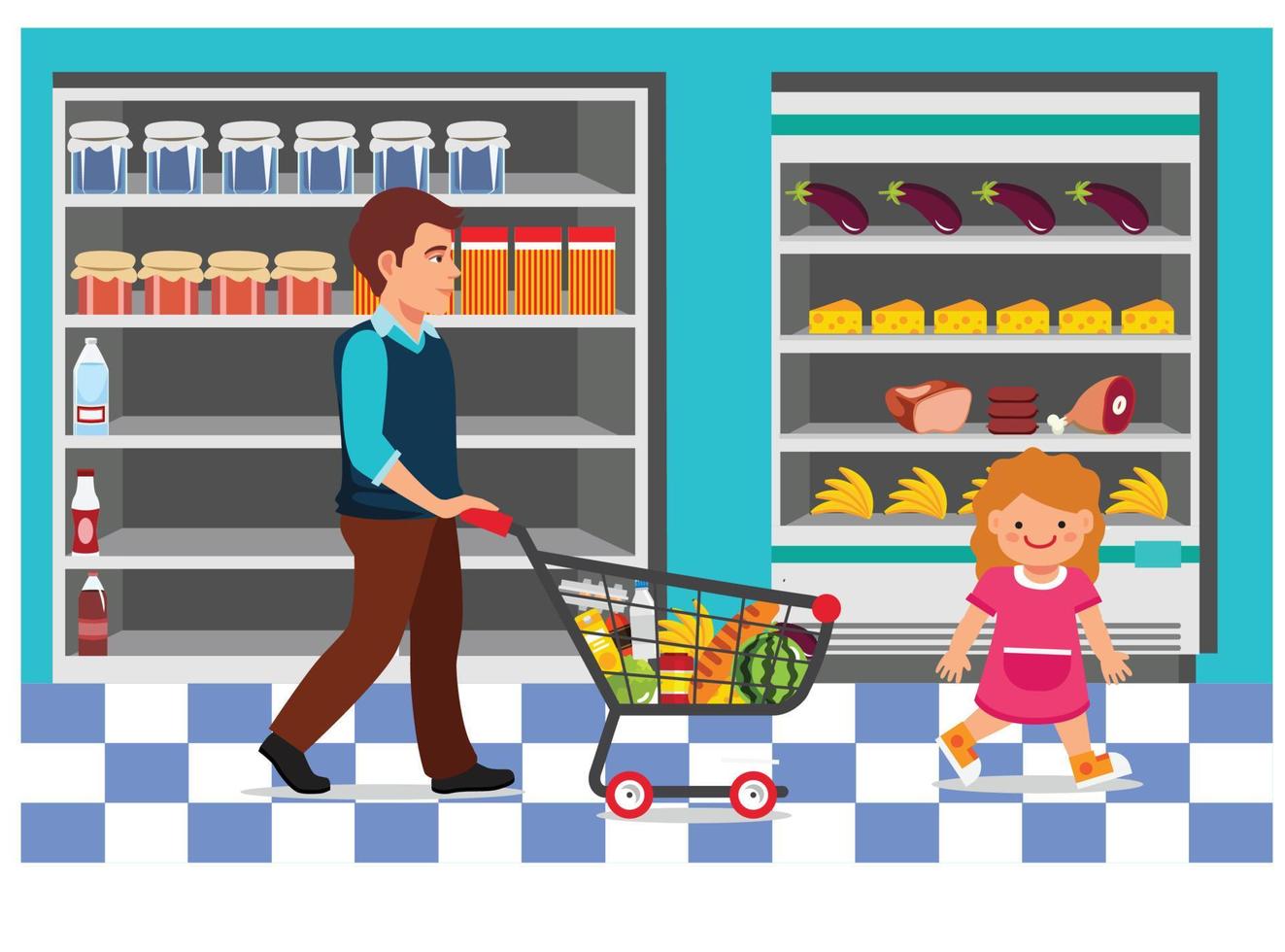 Vector illustration of shopping in minimarket with characters. Illustration Suitable for Diagrams, Infographics, And Other Graphic assets