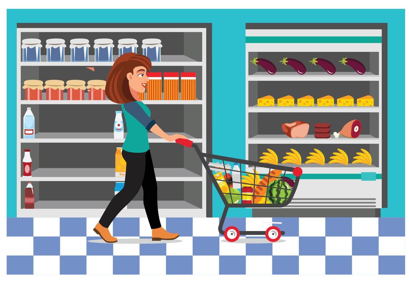 Vector illustration of shopping in minimarket with characters. Illustration Suitable for Diagrams, Infographics, And Other Graphic assets