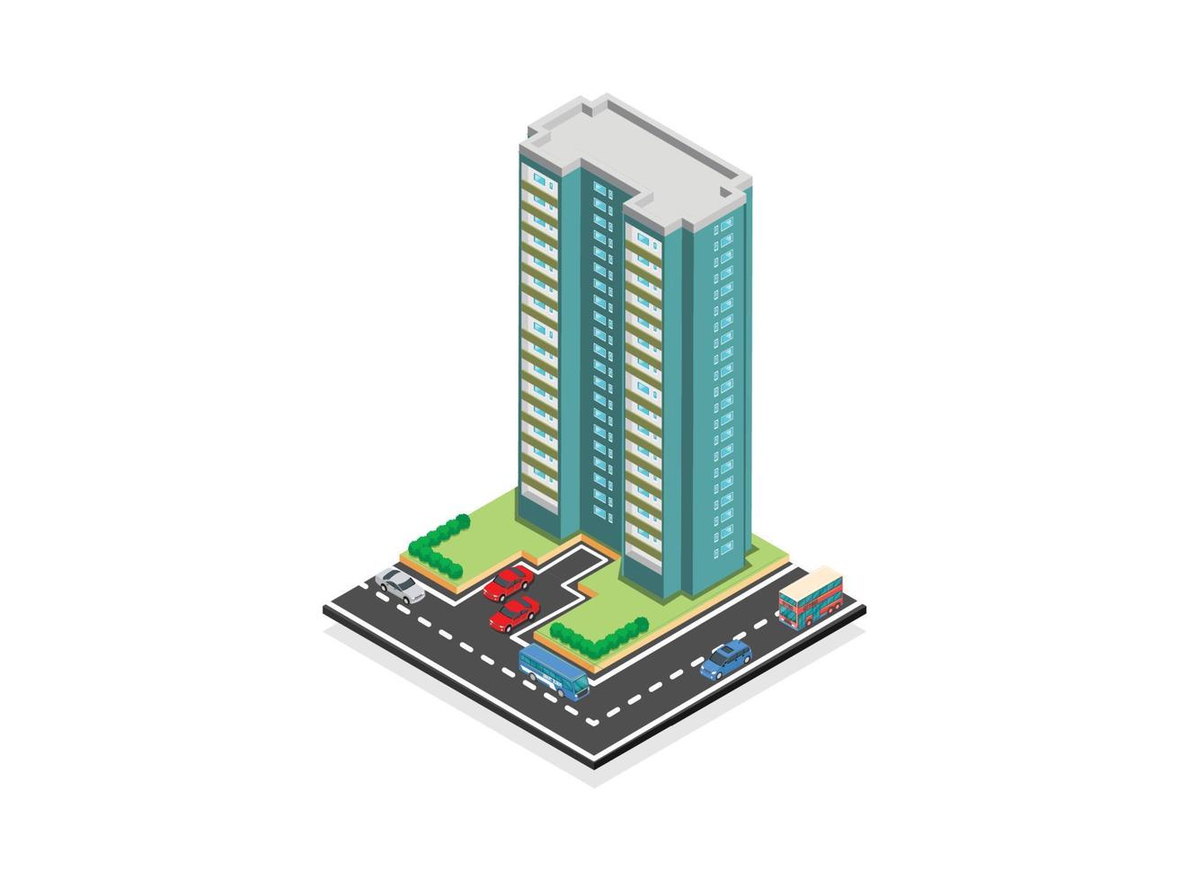 Vector isometric icon or infographic elements representing low poly town apartment building with street and cars for city map creation. Suitable for Diagrams, Infographics, And Other Graphic assets