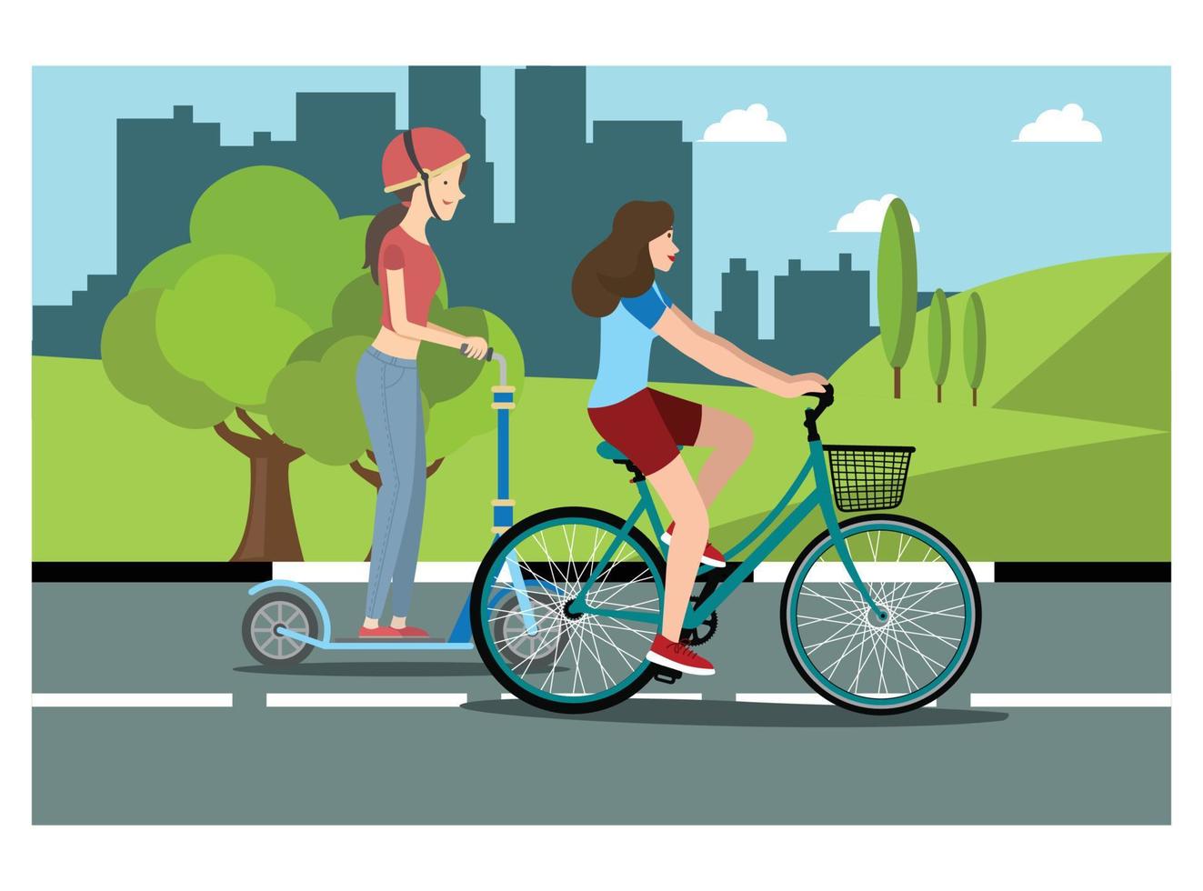 ilustración de andar en bicicleta en el parque con la familia, en la carretera en un día soleado. adecuado para diagramas, infografías y otros recursos gráficos vector