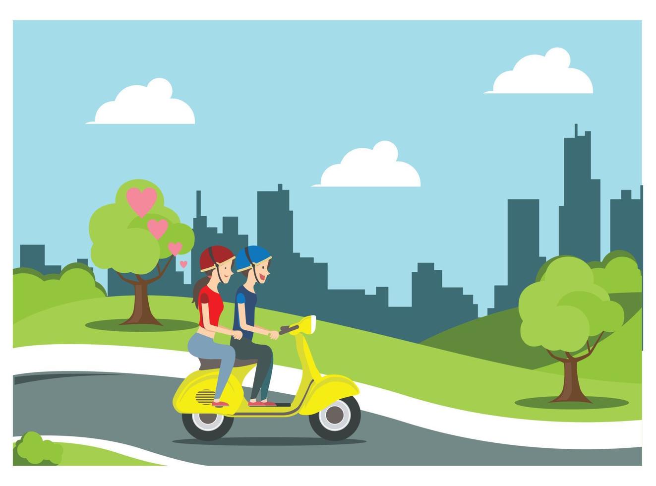 ilustración de andar en bicicleta en el parque con la familia, en la carretera en un día soleado. adecuado para diagramas, infografías y otros recursos gráficos vector