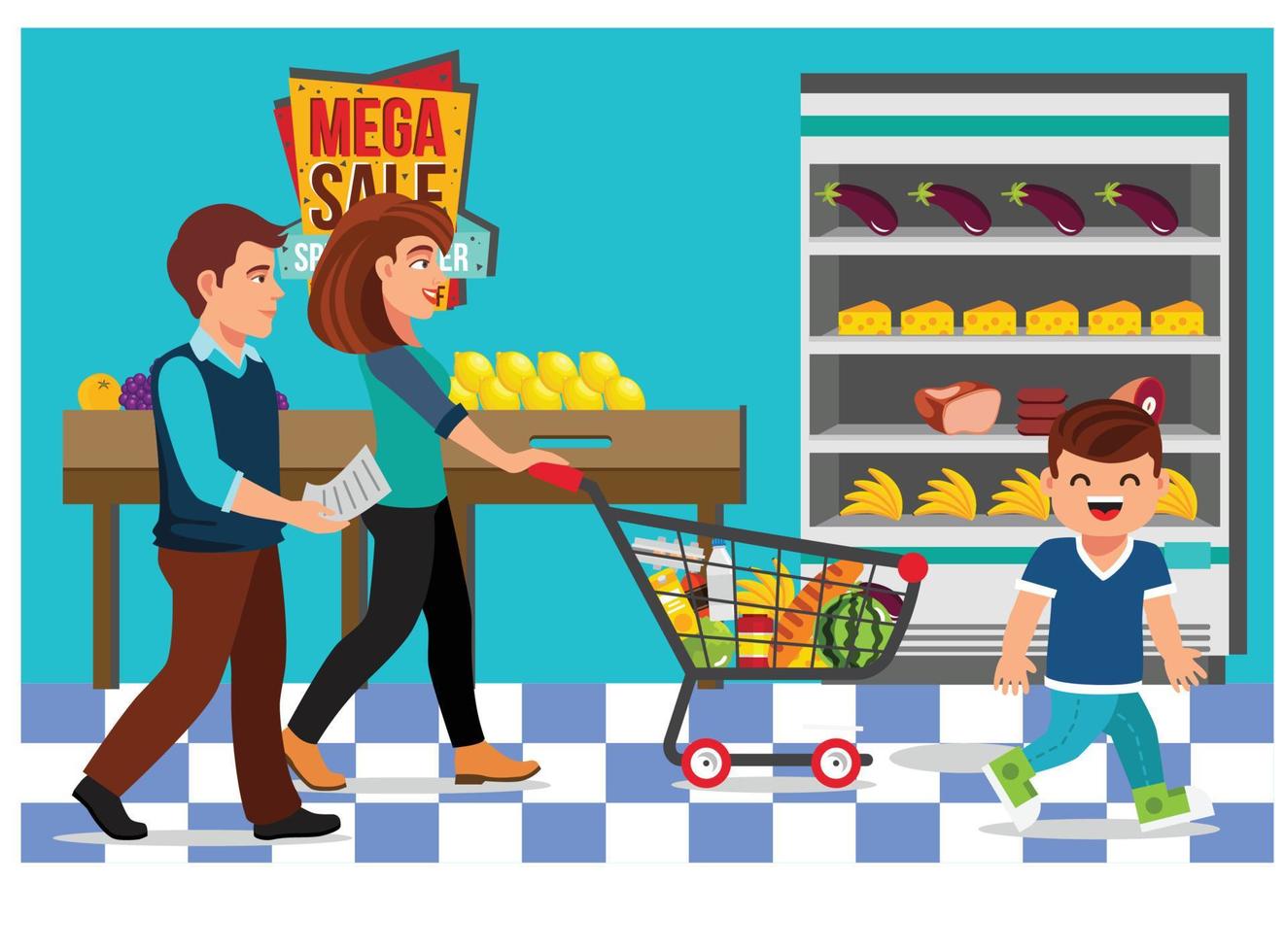 Vector illustration of shopping in minimarket with characters. Illustration Suitable for Diagrams, Infographics, And Other Graphic assets