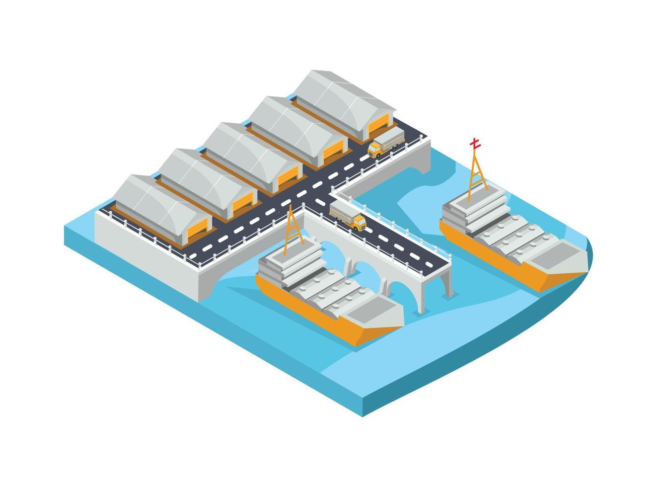 ilustración de tecnología de sistema logístico de puerto marítimo global inteligente isométrico moderno en fondo blanco aislado con personas y activos digitales relacionados vector