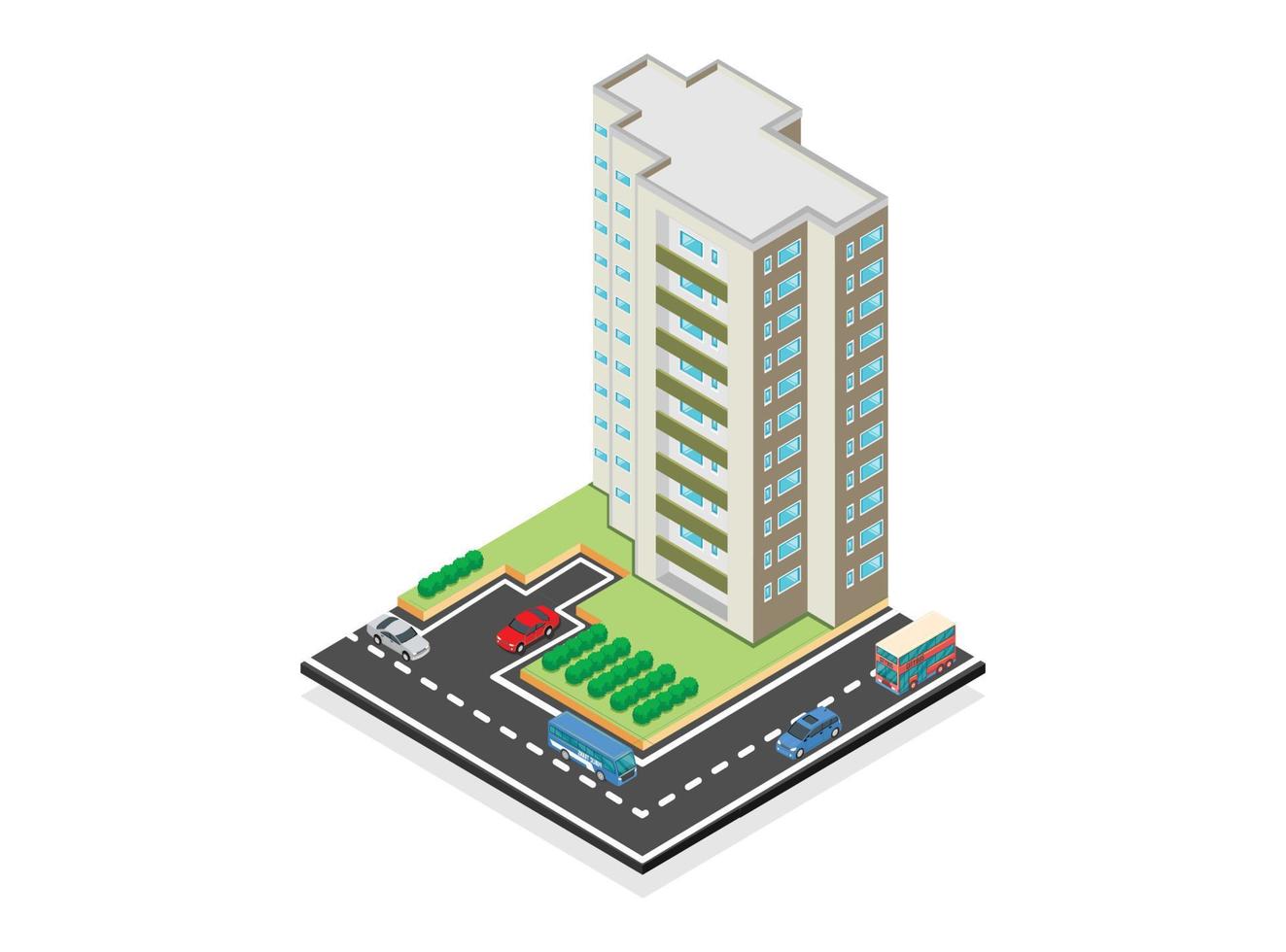 Vector isometric icon or infographic elements of city apartment buildings with roads and cars for city map creation. Illustration Suitable for Diagrams, Infographics, And Other Graphic assets