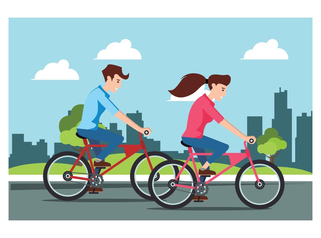 ilustración de andar en bicicleta en el parque con la familia, en la carretera en un día soleado. adecuado para diagramas, infografías y otros recursos gráficos vector