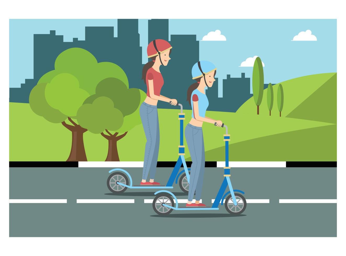 ilustración de andar en bicicleta en el parque con la familia, en la carretera en un día soleado. adecuado para diagramas, infografías y otros recursos gráficos vector