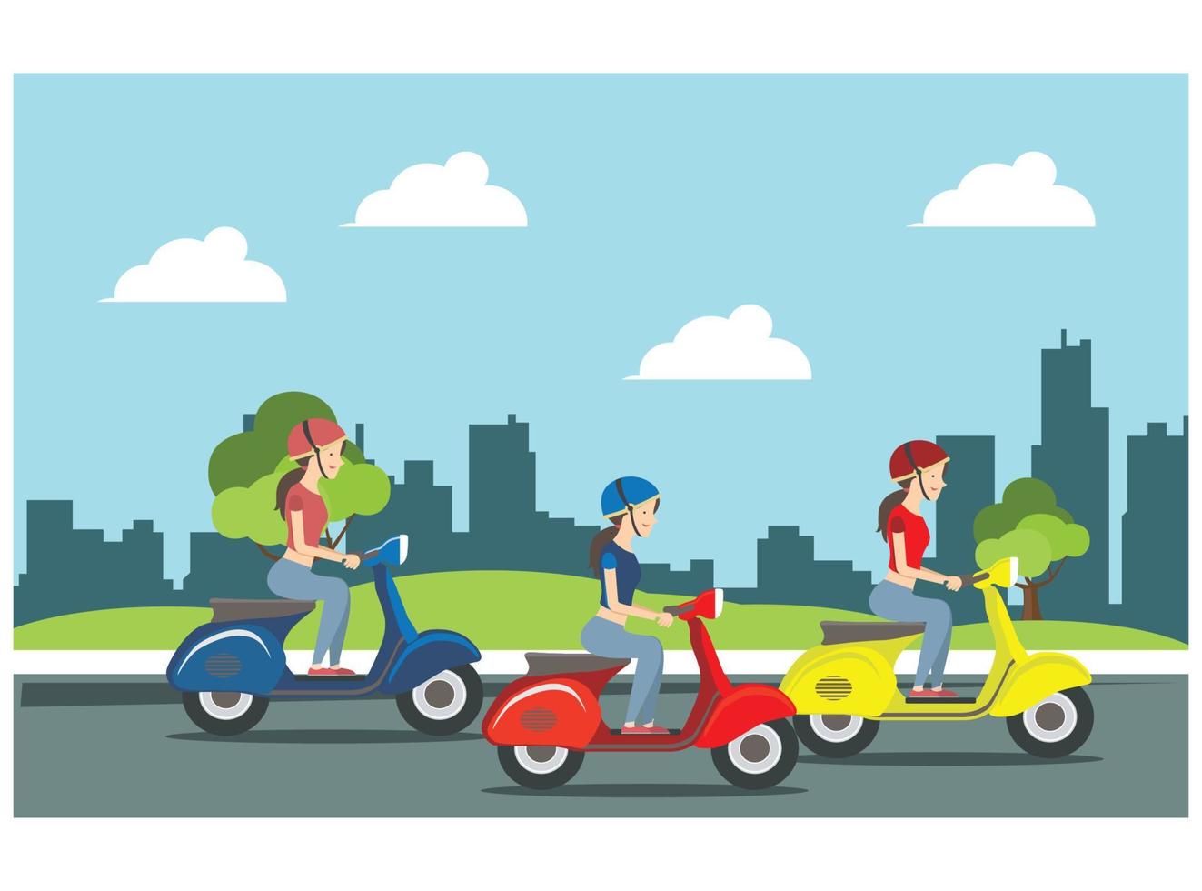 illustration of a walk on a Vespa in the park with family, roadside on a sunny day. Suitable for Diagrams, Infographics, And Other Graphic assets vector