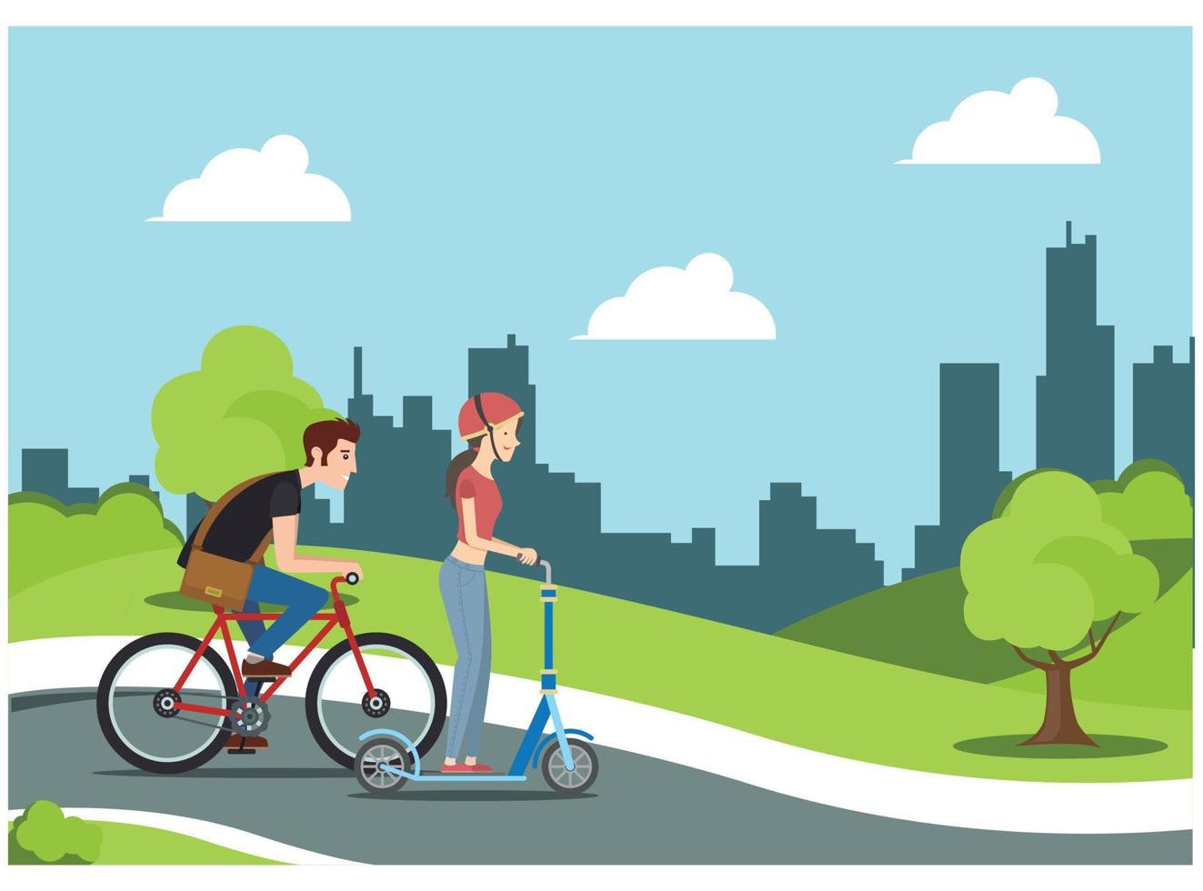illustration of cycling in park with family, roadside in sunny day. Suitable for Diagrams, Infographics, And Other Graphic assets vector