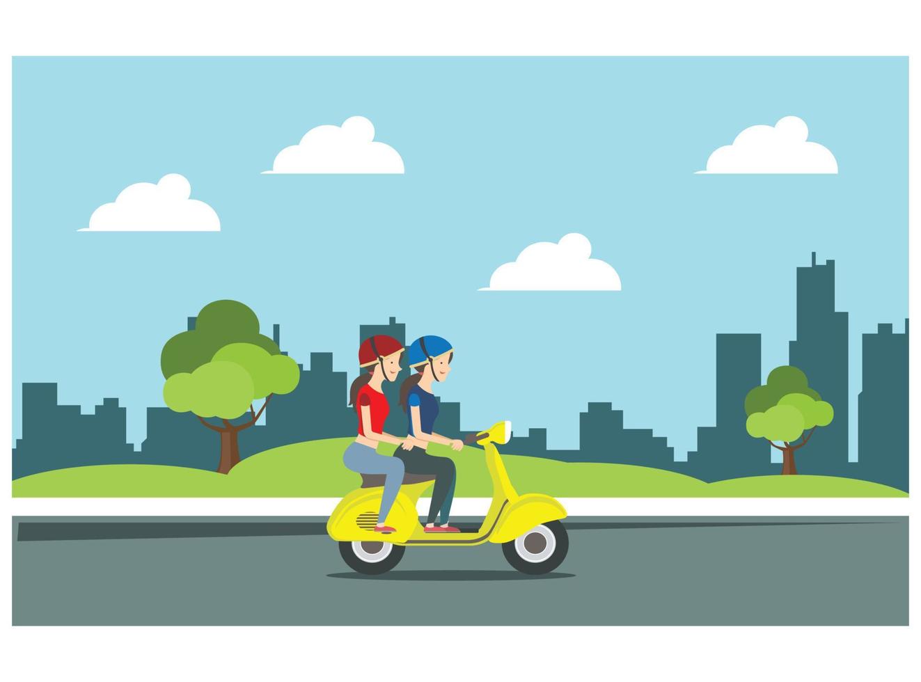 ilustración de un paseo en una vespa en el parque con la familia, en la carretera en un día soleado. adecuado para diagramas, infografías y otros recursos gráficos vector