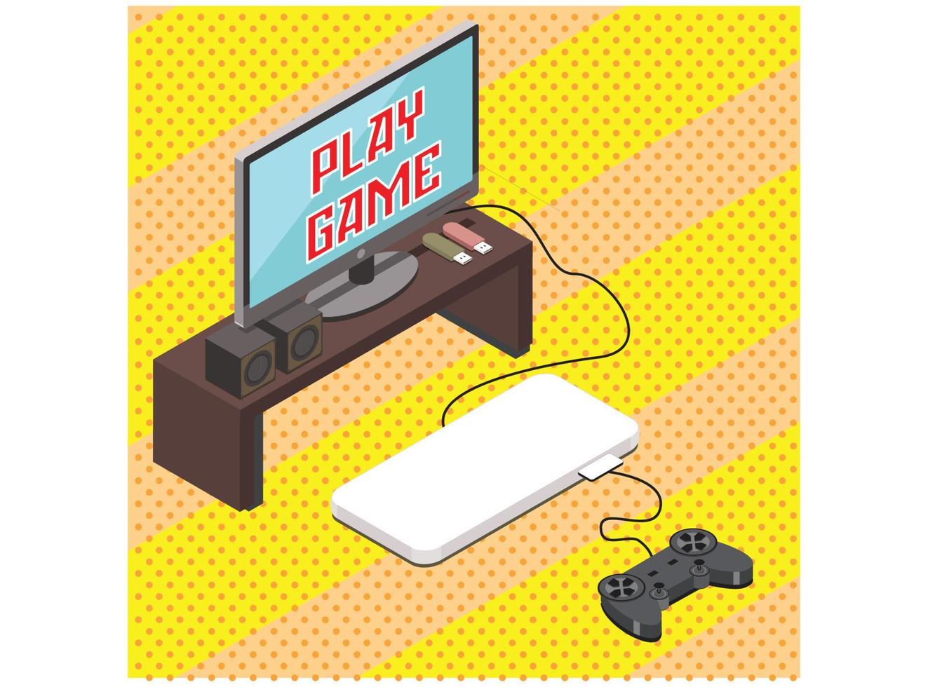 Flat isometric 3d  playing playstation console, room interior vector illustration. Illustration Suitable for Diagrams, Infographics, And Other Graphic assets