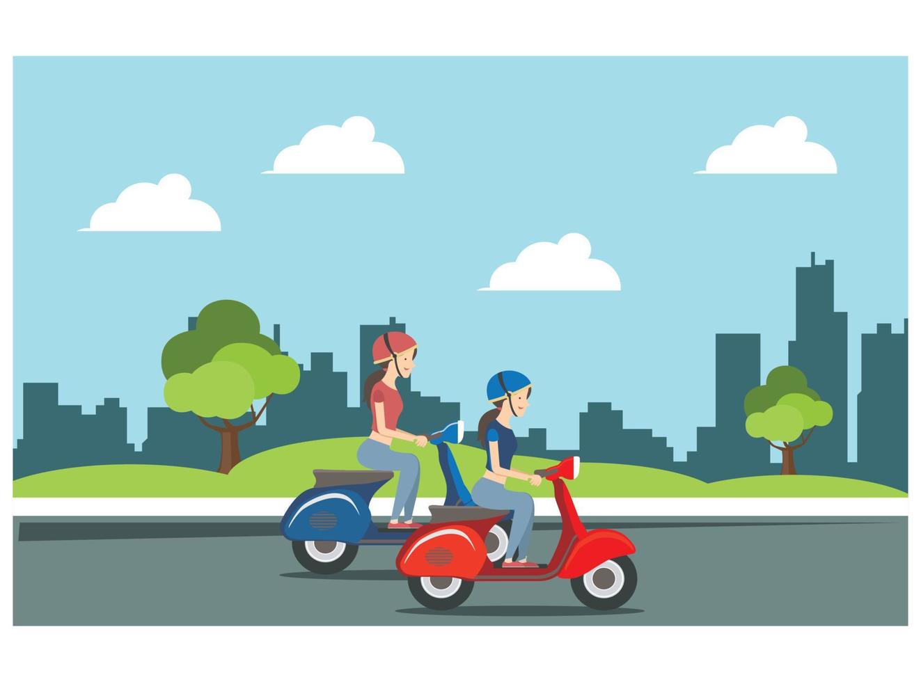 illustration of a walk on a Vespa in the park with family, roadside on a sunny day. Suitable for Diagrams, Infographics, And Other Graphic assets vector