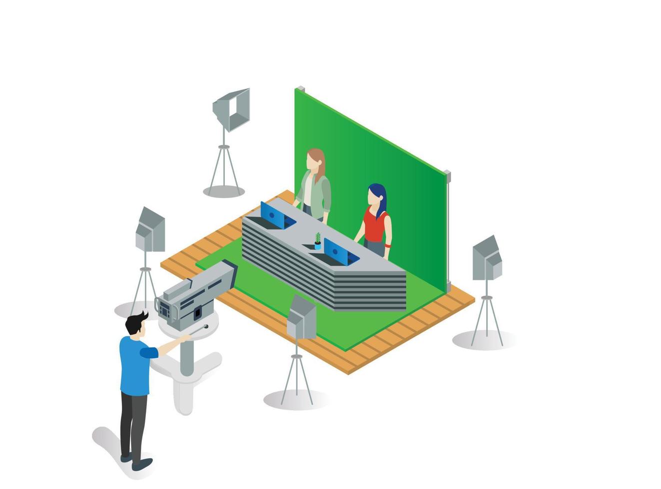 Modern Isometric Professional journalist at work broadcasting breaking news live from tv studio. Vector Isometric Illustration Suitable for Diagrams, Infographics, And Other Graphic assets