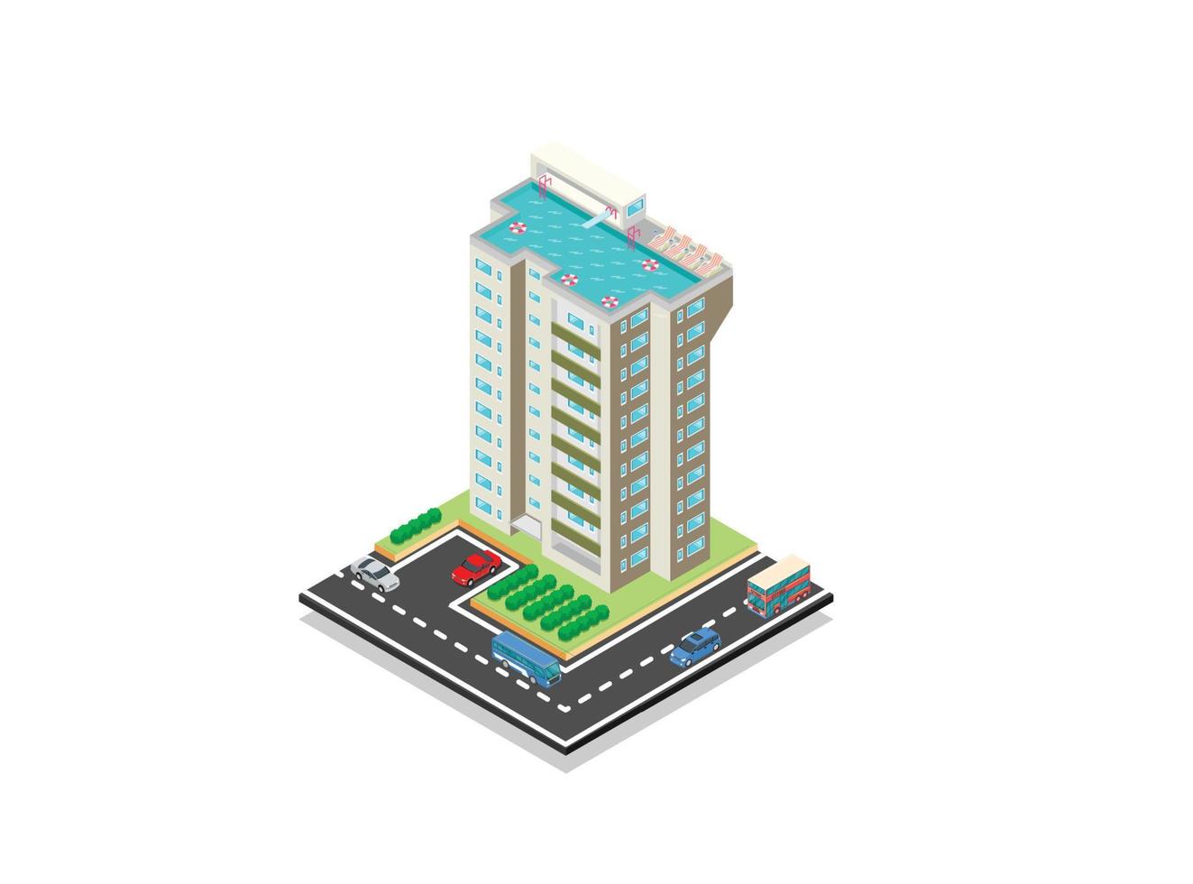 Vector isometric icon or infographic elements representing low poly town apartment building with street and cars for city map creation. Suitable for Diagrams, Infographics, And Other Graphic assets