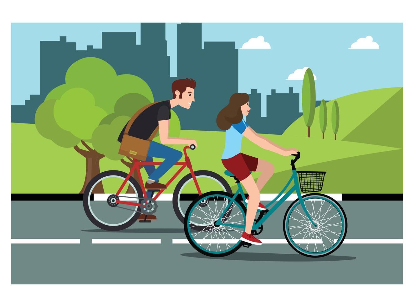 ilustración de andar en bicicleta en el parque con la familia, en la carretera en un día soleado. adecuado para diagramas, infografías y otros recursos gráficos vector