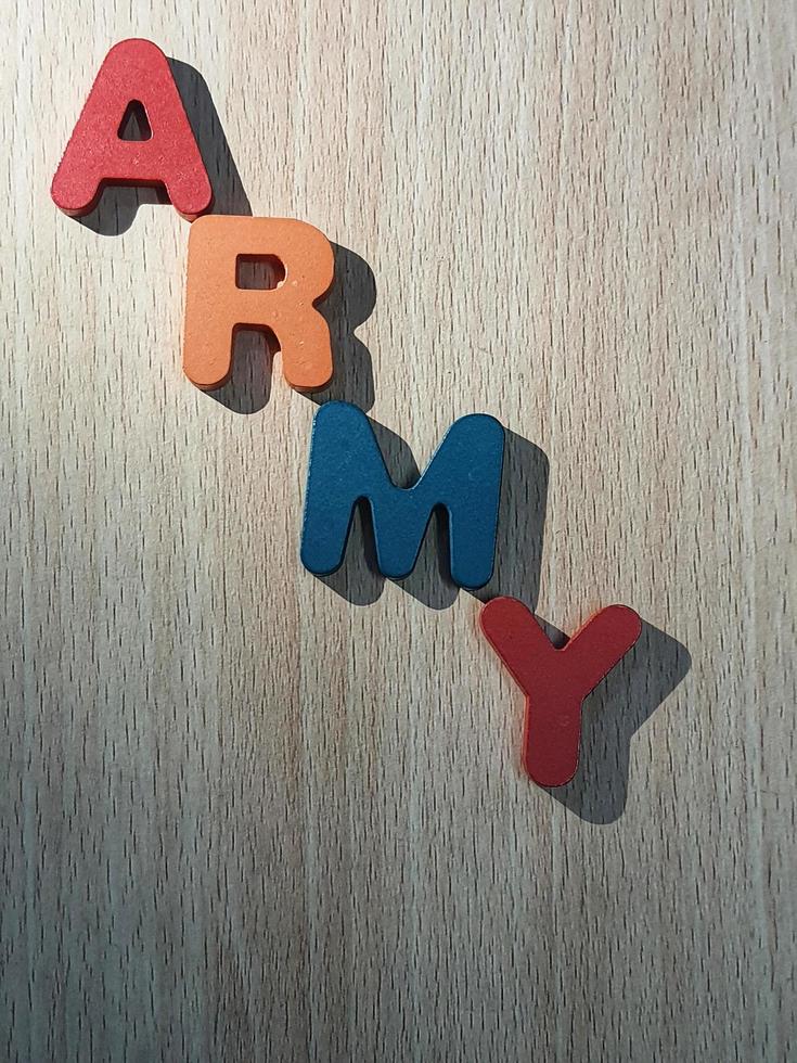 Photo of the alphabet on a wooden table that says ARMY.